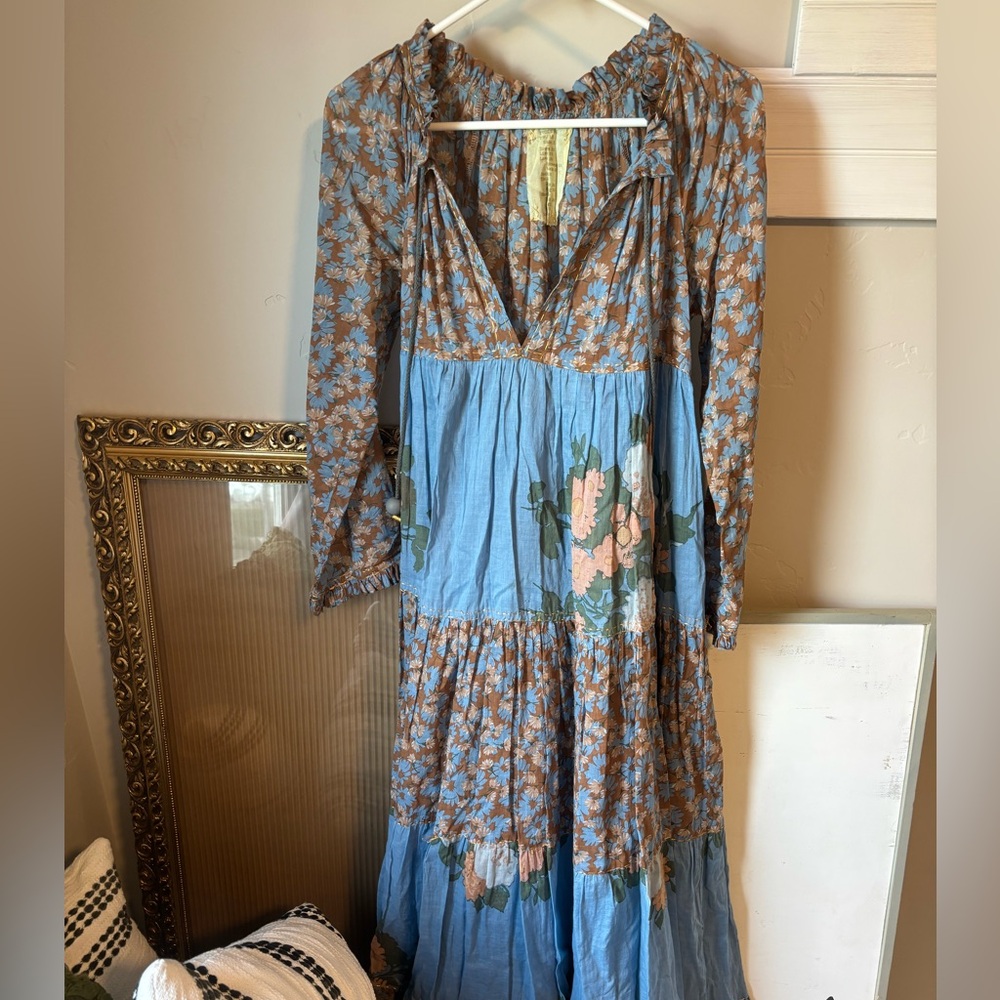 Spell Blue and Brown Tiered Sundress with Bishop Sleeves